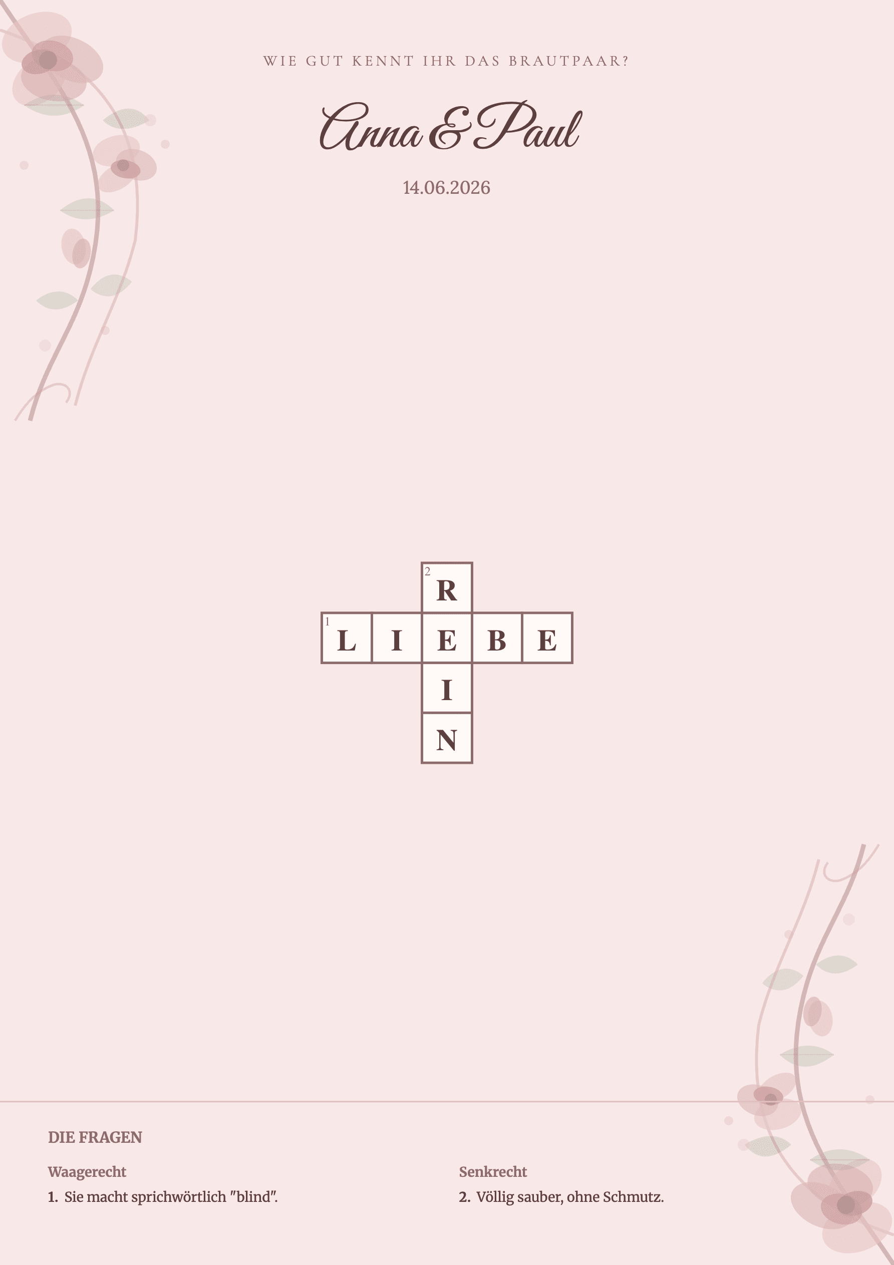 Beispiel Hochformat: Hochzeits-Kreuzworträtsel mit Raster und Fragen