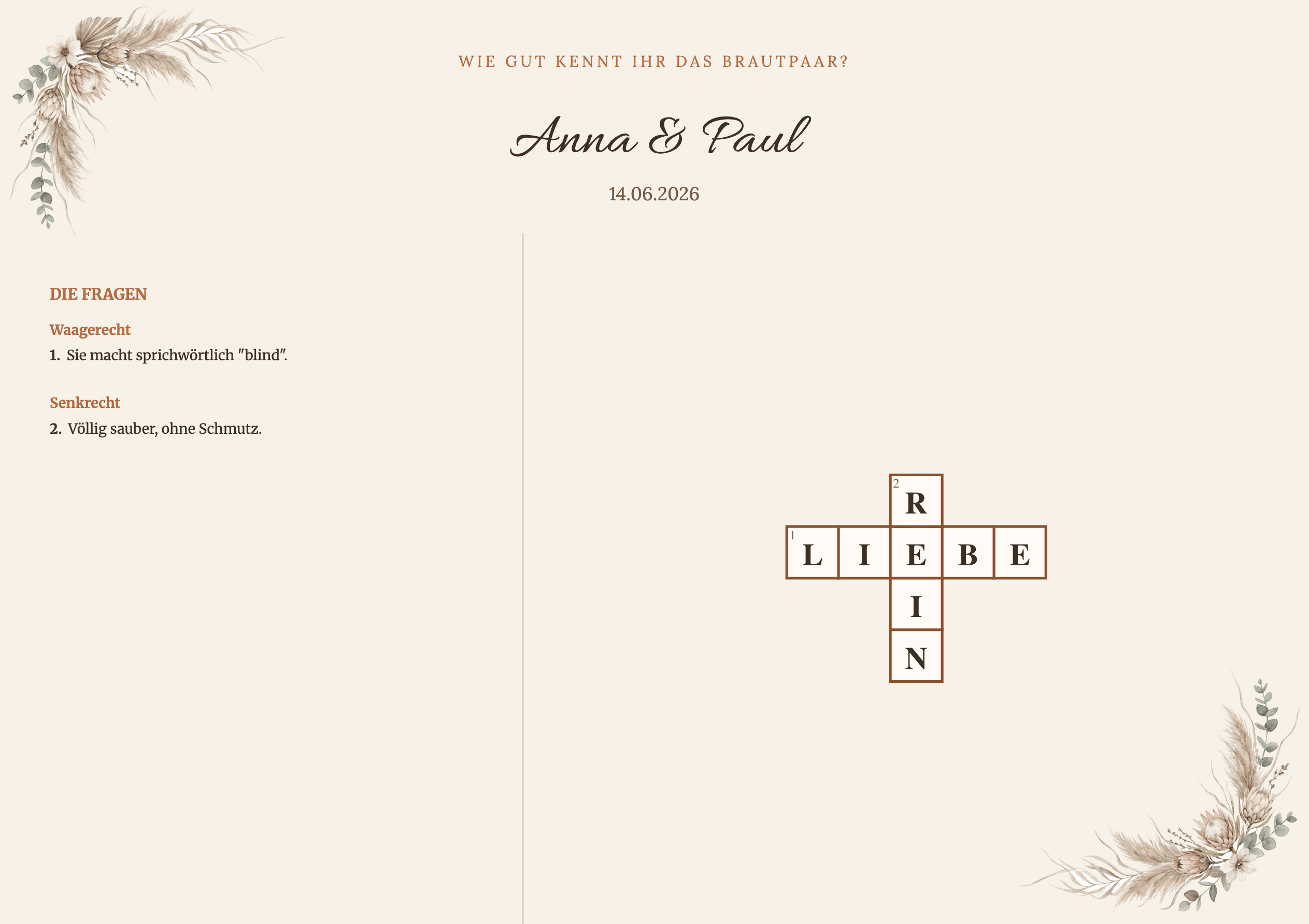 Beispiel Querformat: Hochzeits-Kreuzworträtsel mit Raster und Fragen